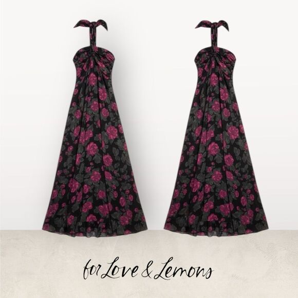 For Love & Lemons Teagan Halter Floral Maxi Dress Black Pink S Elegant Garden - Picture 12 of 13